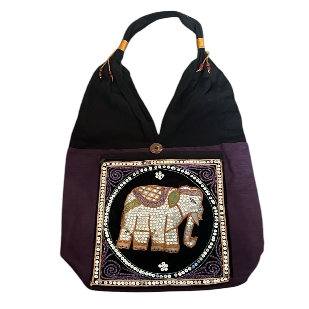 Embroidered Sequin Elephant Purse Shoulder Bag Tote Elephant Thailand Hobo Beads